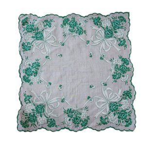Vintage White and Green Floral Ribbons and Bows Hankie Scalloped Edges